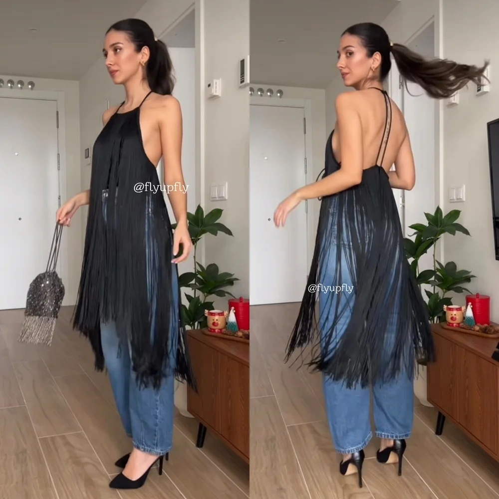ZARA Fringed Velvet Halter Top Black Size XS S